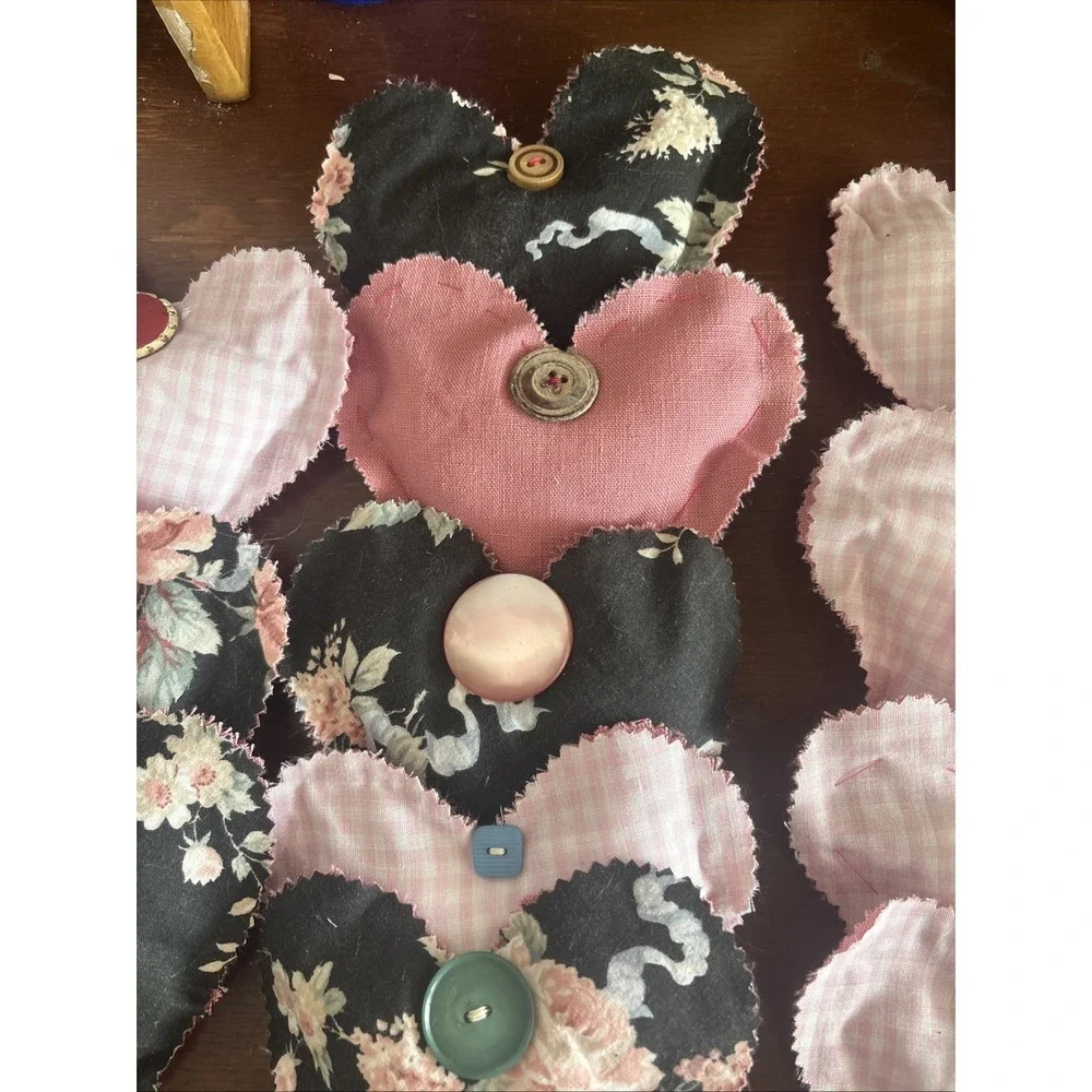 12 Handmade Hearts Bowl Filler Ornaments‎ Stuffed Pink Gingham Rose Floral